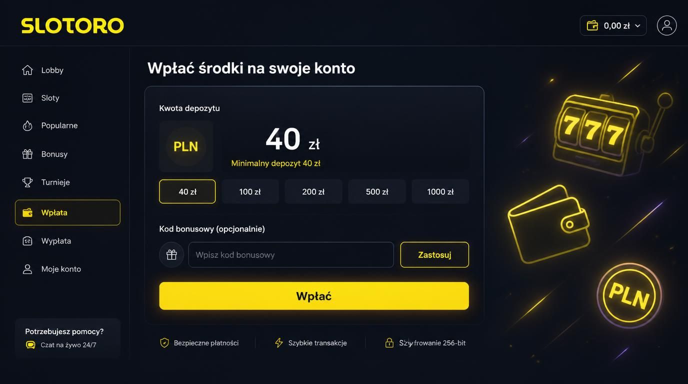 panel wpłaty minimalny depozyt 40 zł, kod bonusowy, kasyno online