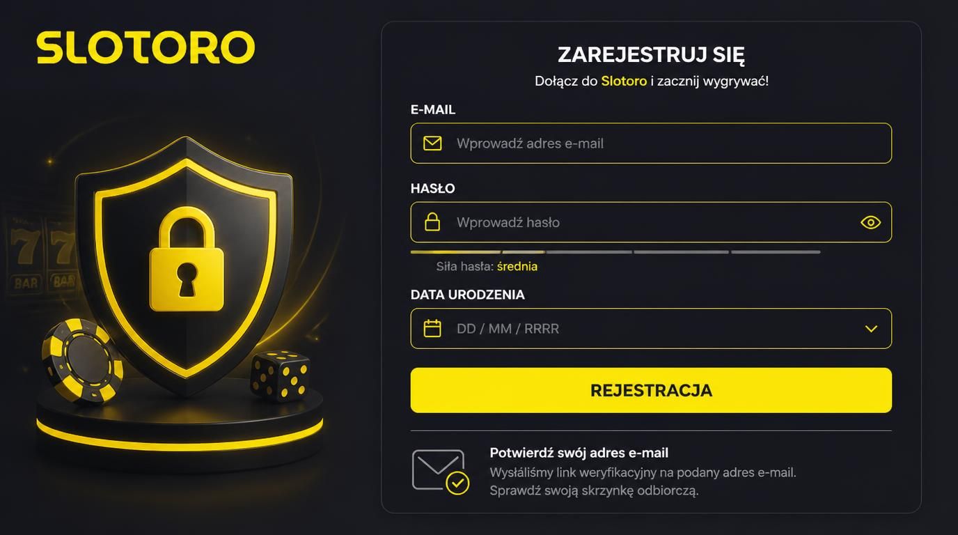 Formularz rejestracyjny Slotoro Casino z polami e-mail, hasło, data urodzenia