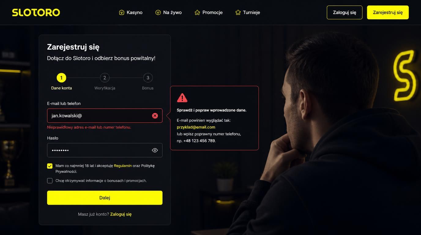Formularz z błędem w polu e-mail/telefon i wskazówka jak go naprawić