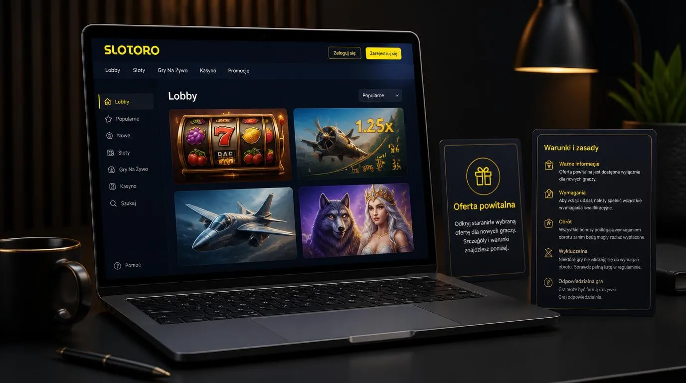 Katalog gier kasynowych na laptopie z kafelkami automatów i gier crash oraz panelem warunków promocji