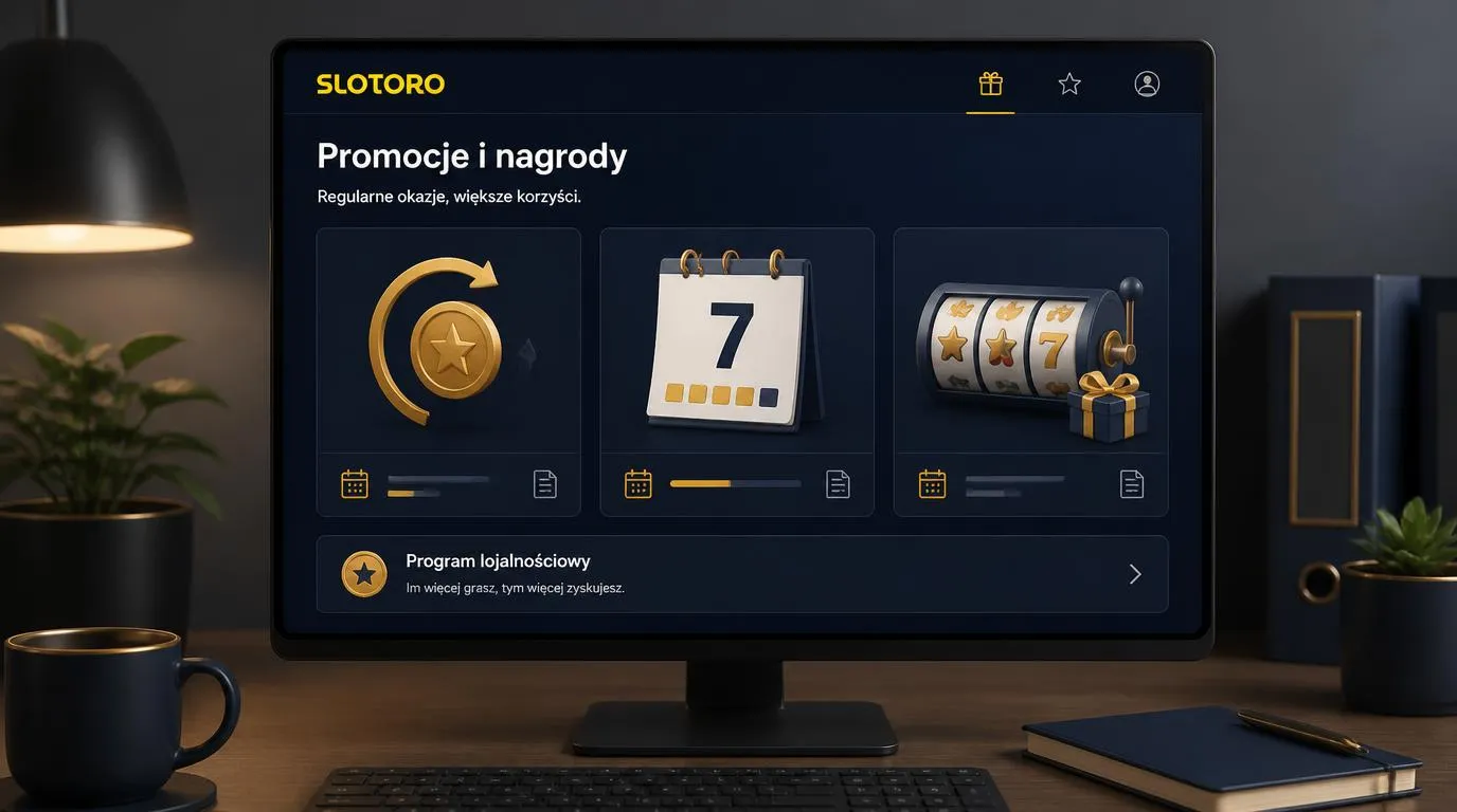 Panel promocji kasyna z kartami cashbacku, cotygodniowych misji i darmowych spinów