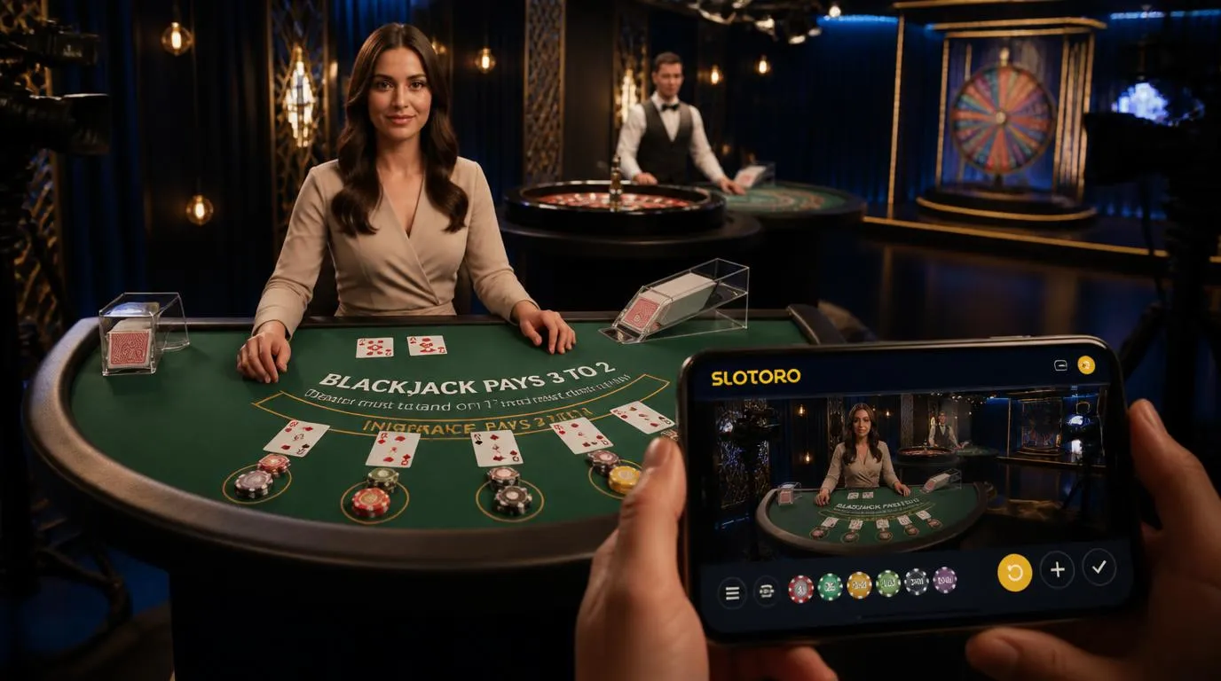 Krupier przy stole blackjacka, ruletka w studiu i mobilny interfejs kasyna na żywo