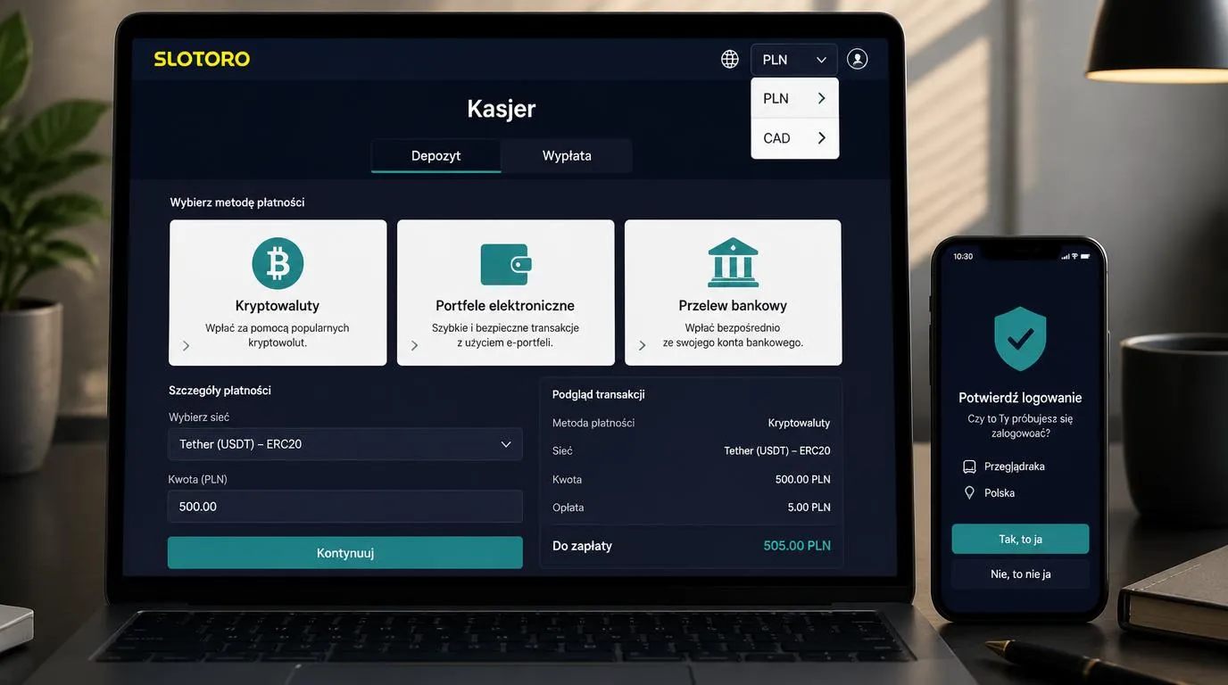 Panel kasjera z wyborem kryptowalut, portfela elektronicznego oraz walut konta PLN i CAD